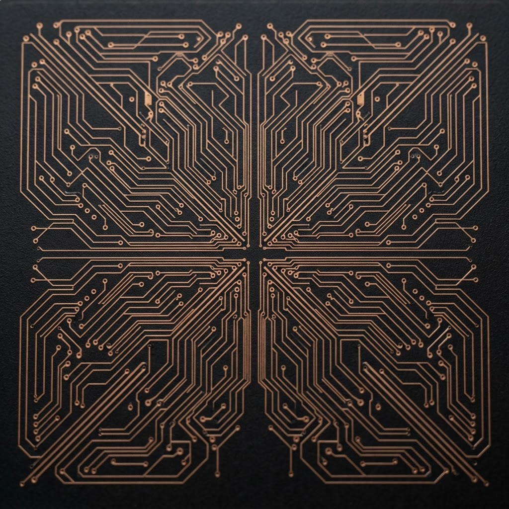 Intricate right-angle bronze PCB routing paths on a dark substrate.