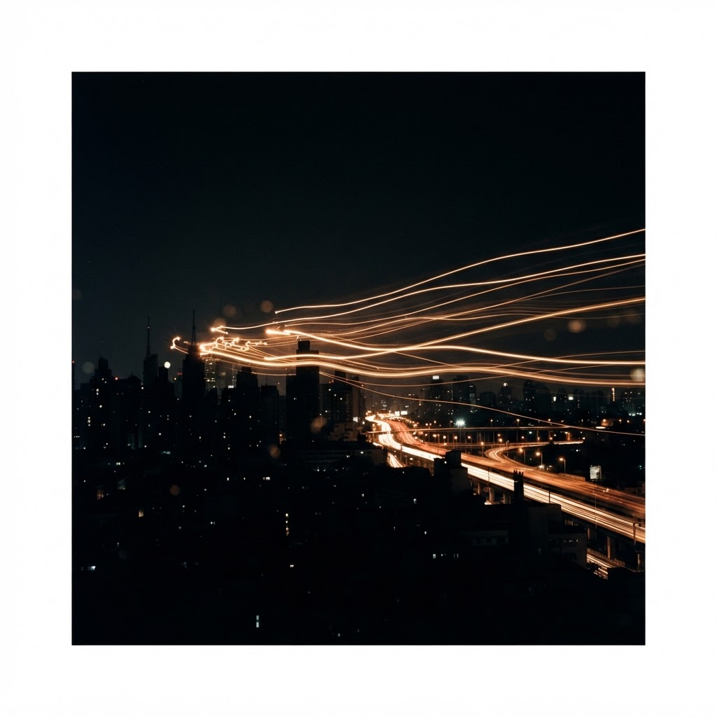 Warm light trails streaking across a dark cityscape silhouette.