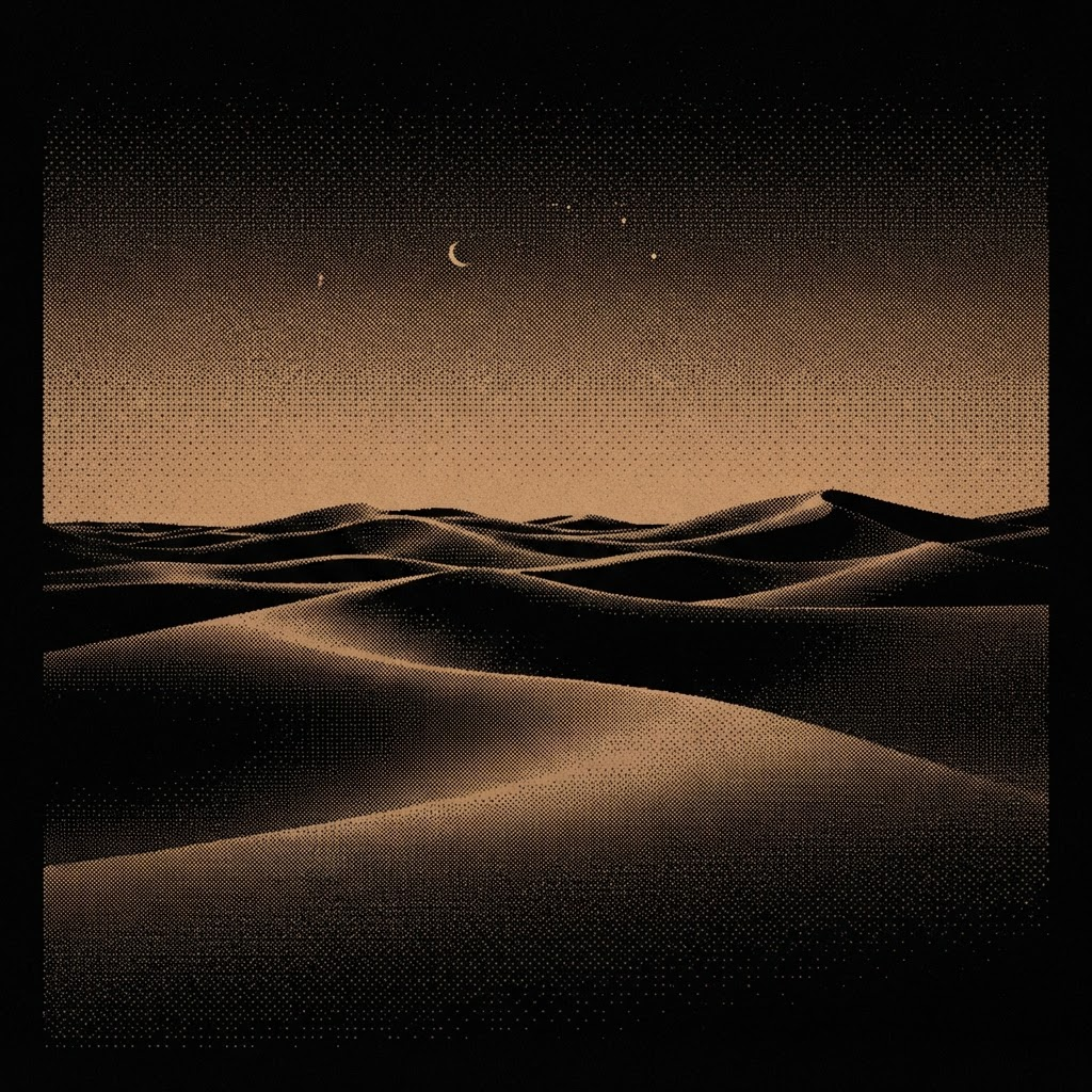 Rolling dunes rendered in a monochrome bronze ordered-dither texture.